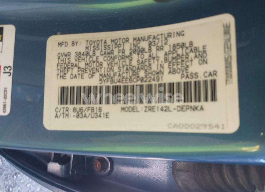 Photo 9 of 2012 Toyota Corolla LE (VIN 5YFBU4EE6CP022491)