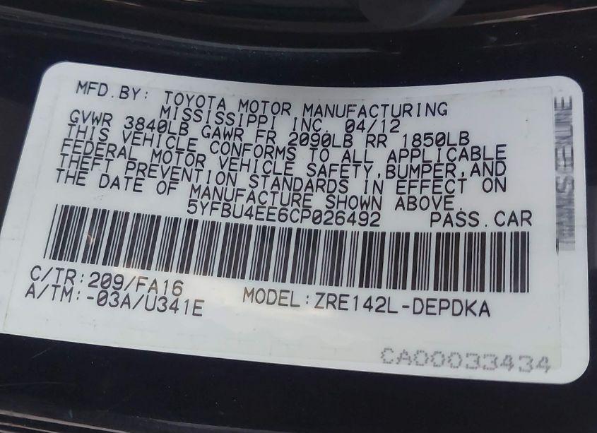 Photo 9 of 2012 Toyota Corolla L (VIN 5YFBU4EE6CP026492)