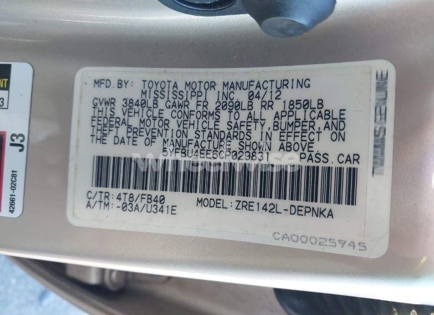 Photo 9 of 2012 Toyota Corolla S/LE (VIN 5YFBU4EE6CP029831)