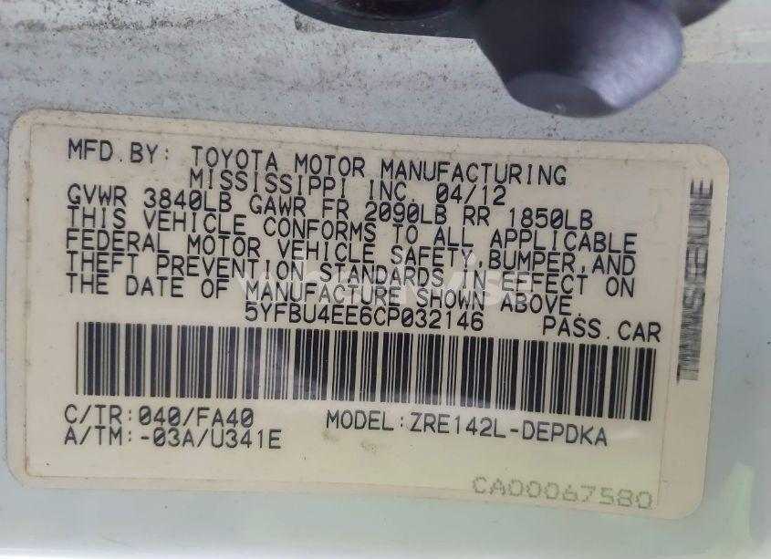 Photo 9 of 2012 Toyota Corolla L (VIN 5YFBU4EE6CP032146)
