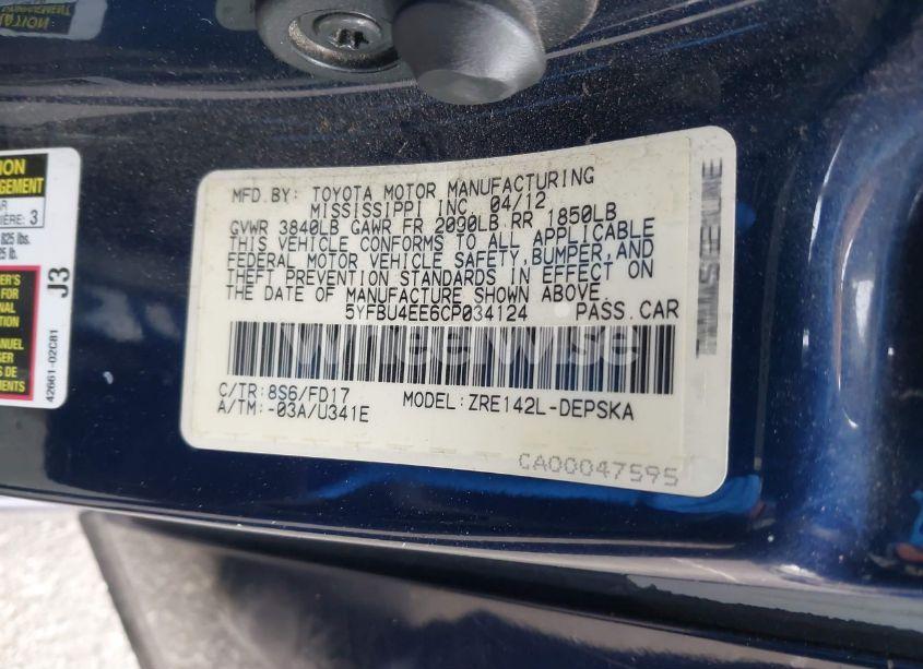 Photo 9 of 2012 Toyota Corolla S (VIN 5YFBU4EE6CP034124)