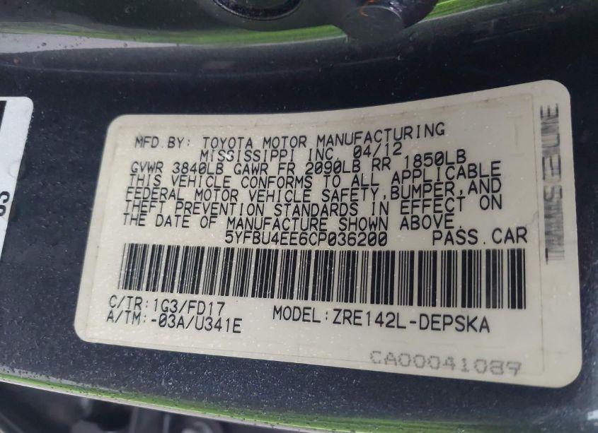 Photo 9 of 2012 Toyota Corolla S (VIN 5YFBU4EE6CP036200)