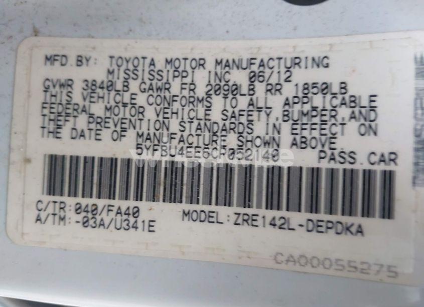 Photo 9 of 2012 Toyota Corolla L (VIN 5YFBU4EE6CP052140)