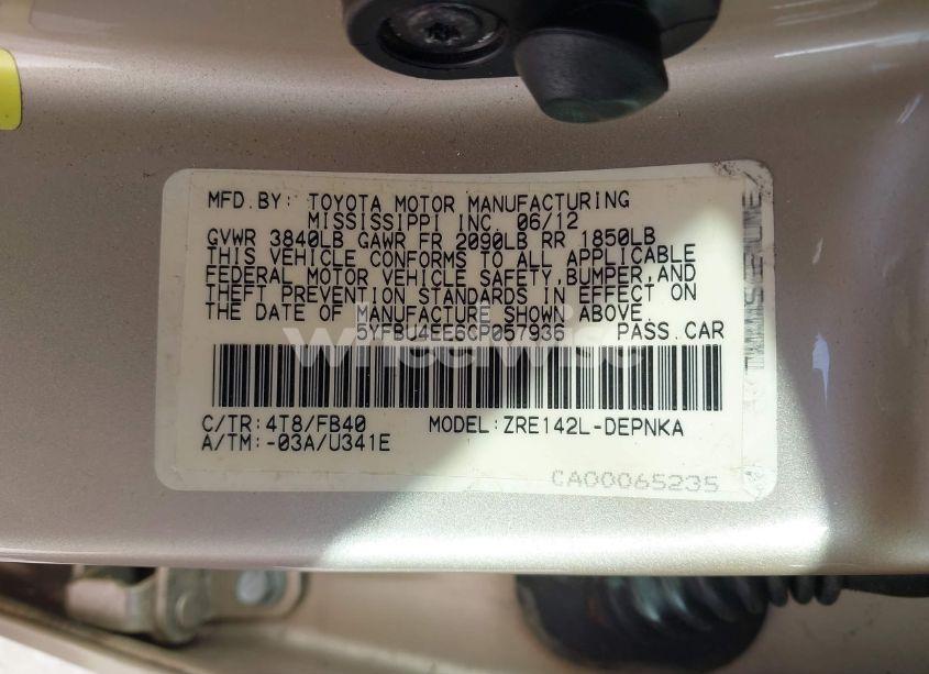 Photo 9 of 2012 Toyota Corolla LE (VIN 5YFBU4EE6CP057936)