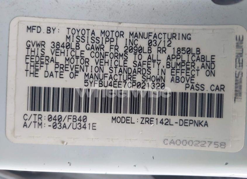 Photo 9 of 2012 Toyota Corolla LE (VIN 5YFBU4EE7CP021320)