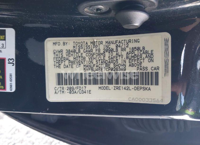 Photo 9 of 2012 Toyota Corolla S (VIN 5YFBU4EE7CP026369)