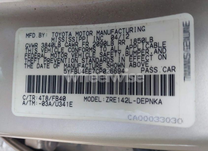 Photo 9 of 2012 Toyota Corolla LE (VIN 5YFBU4EE7CP026694)