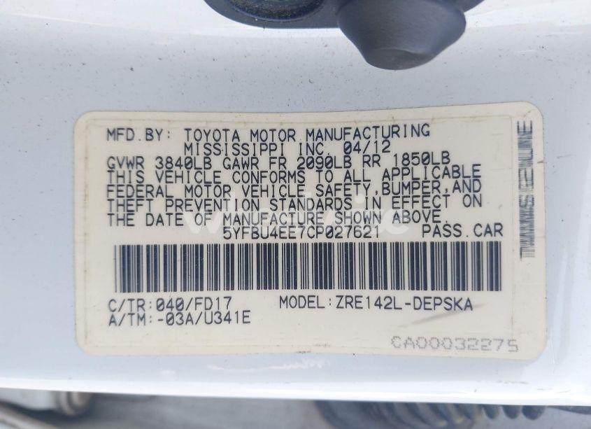 Photo 9 of 2012 Toyota Corolla S (VIN 5YFBU4EE7CP027621)