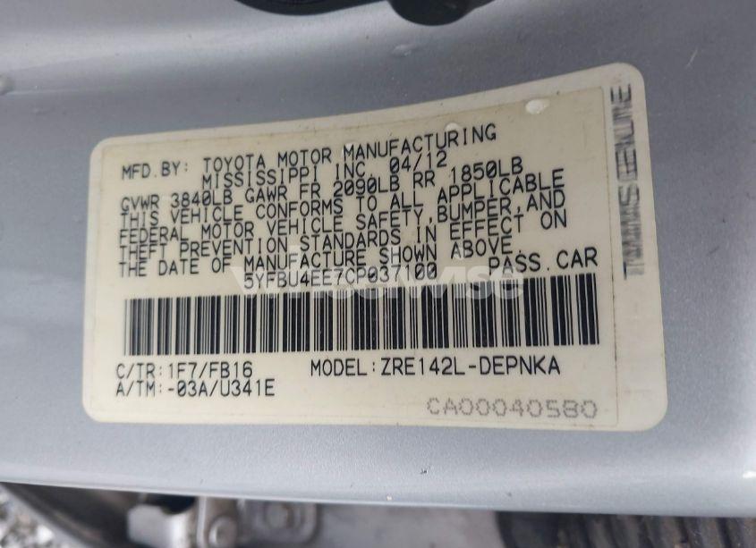 Photo 9 of 2012 Toyota Corolla LE (VIN 5YFBU4EE7CP037100)