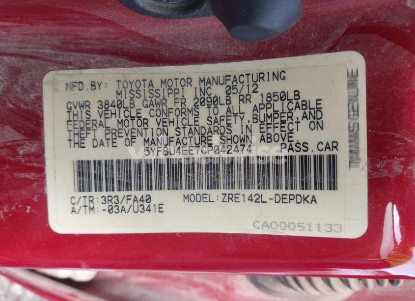 Photo 9 of 2012 Toyota Corolla L (VIN 5YFBU4EE7CP042474)