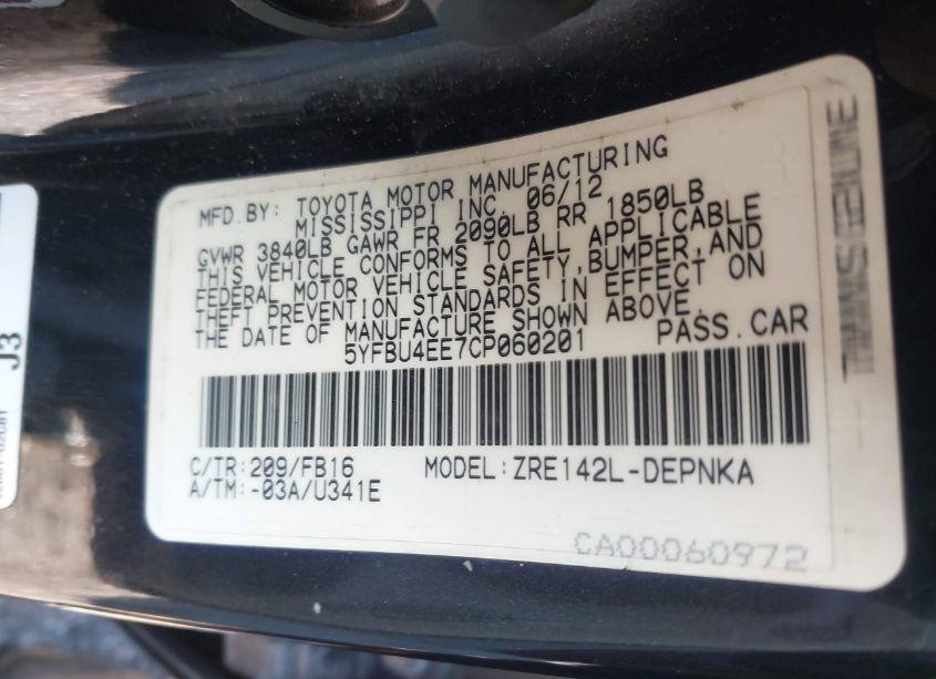 Photo 9 of 2012 Toyota Corolla LE (VIN 5YFBU4EE7CP060201)