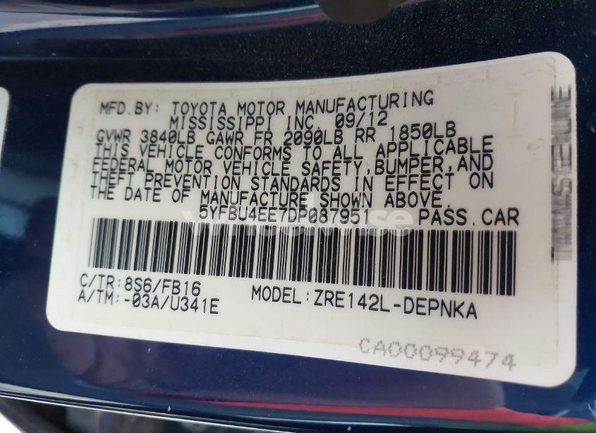 Photo 9 of 2013 Toyota Corolla LE (VIN 5YFBU4EE7DP087951)