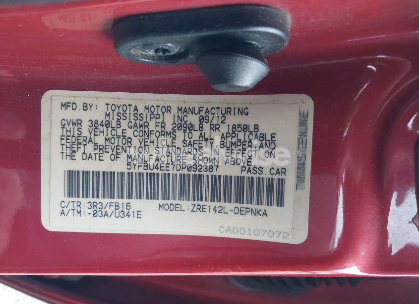 Photo 9 of 2013 Toyota Corolla LE (VIN 5YFBU4EE7DP092387)