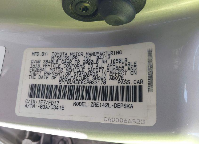 Photo 9 of 2012 Toyota Corolla S (VIN 5YFBU4EE8CP033170)