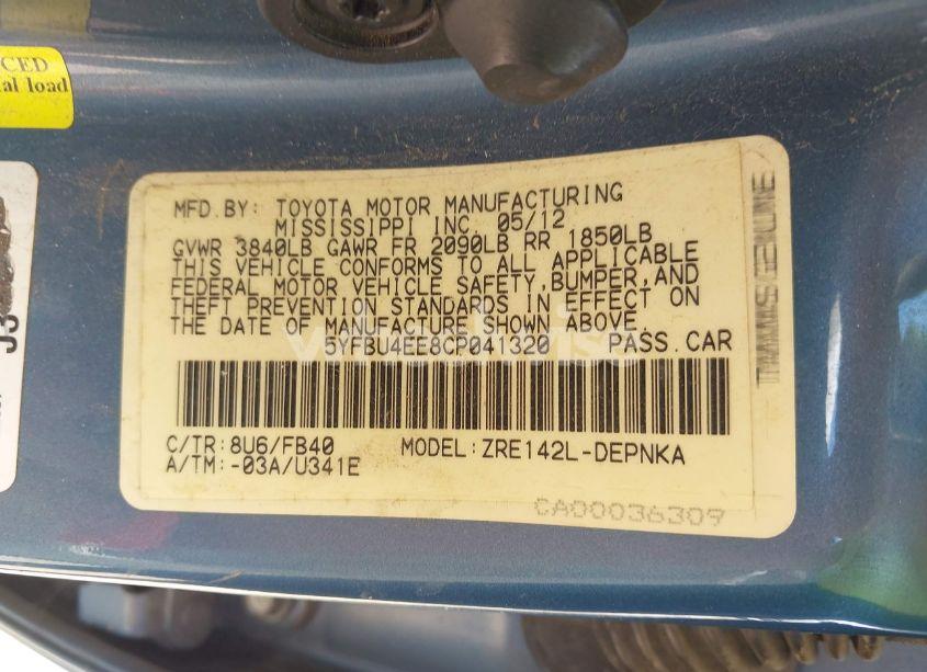 Photo 9 of 2012 Toyota Corolla LE (VIN 5YFBU4EE8CP041320)