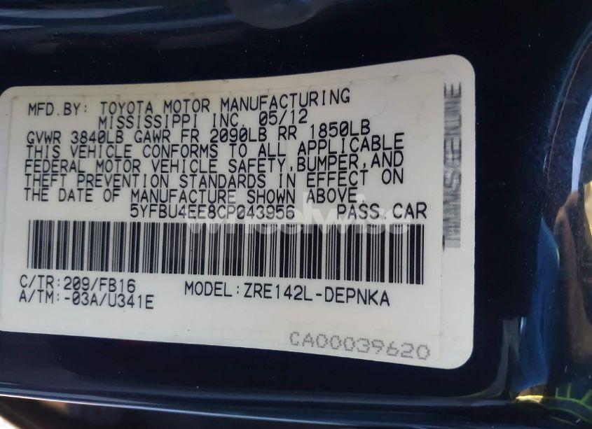 Photo 9 of 2012 Toyota Corolla LE (VIN 5YFBU4EE8CP043956)