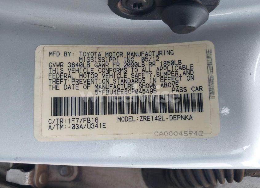 Photo 9 of 2012 Toyota Corolla LE (VIN 5YFBU4EE8CP045495)