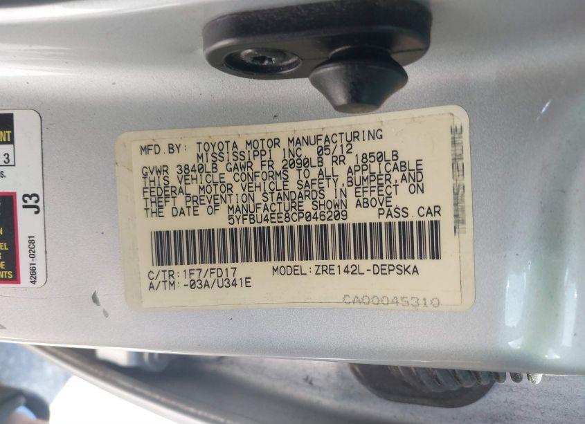 Photo 9 of 2012 Toyota Corolla S (VIN 5YFBU4EE8CP046209)