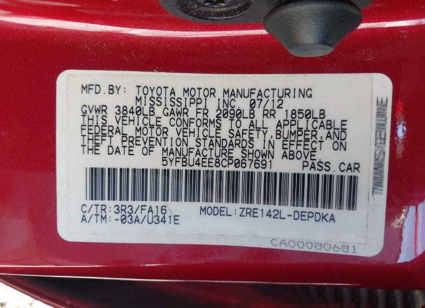 Photo 9 of 2012 Toyota Corolla L (VIN 5YFBU4EE8CP067691)