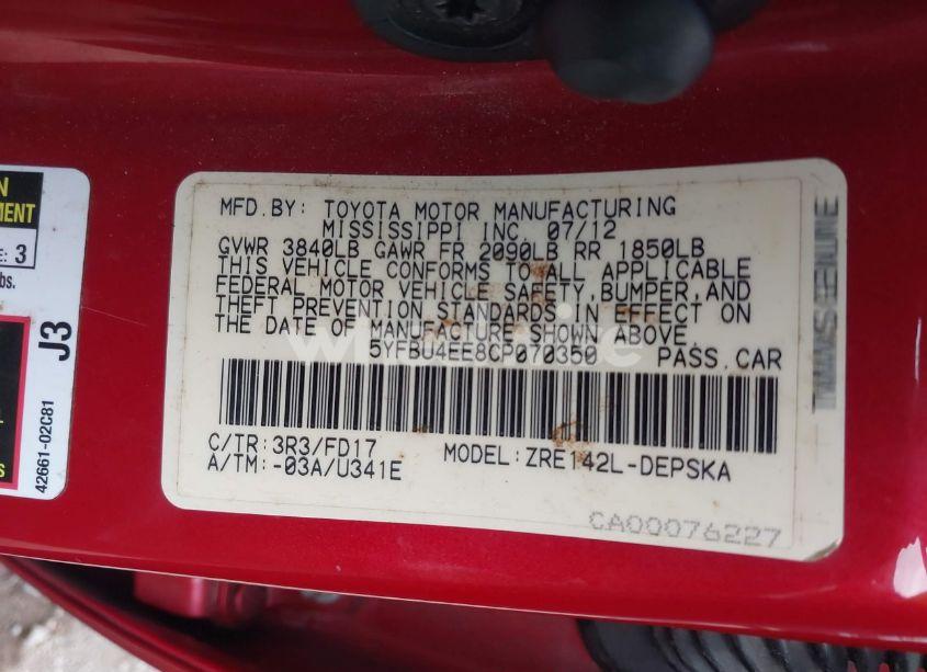 Photo 9 of 2012 Toyota Corolla S (VIN 5YFBU4EE8CP070350)