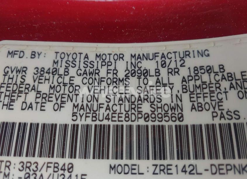 Photo 9 of 2013 Toyota Corolla LE (VIN 5YFBU4EE8DP099560)