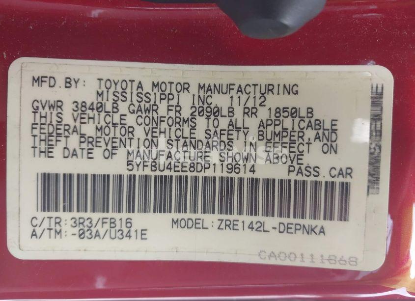 Photo 9 of 2013 Toyota Corolla LE (VIN 5YFBU4EE8DP119614)