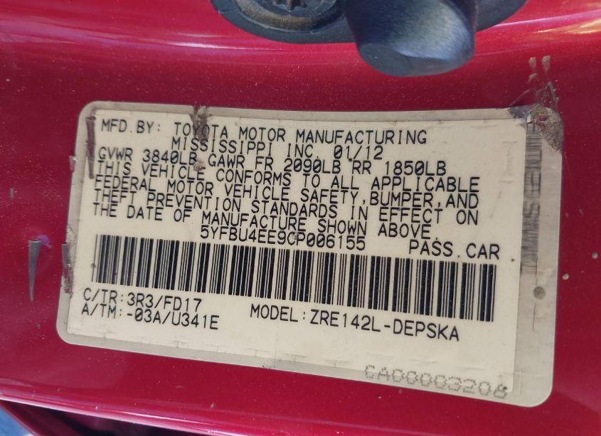 Photo 9 of 2012 Toyota Corolla S (VIN 5YFBU4EE9CP006155)