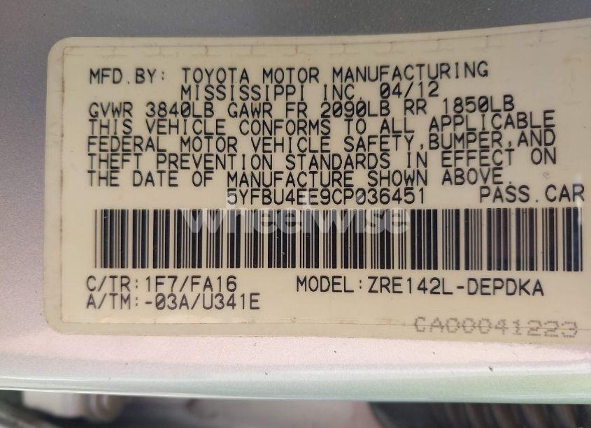 Photo 9 of 2012 Toyota Corolla L (VIN 5YFBU4EE9CP036451)