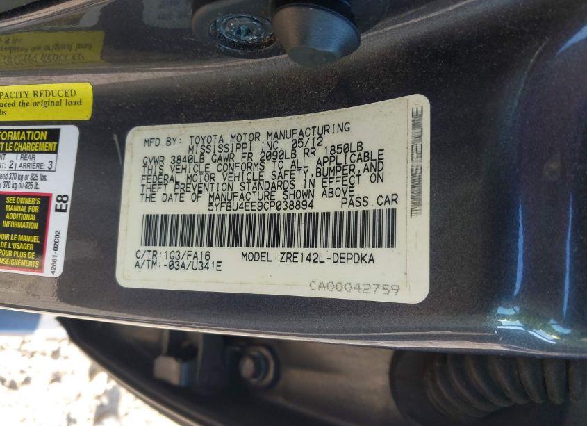 Photo 9 of 2012 Toyota Corolla L (VIN 5YFBU4EE9CP038894)