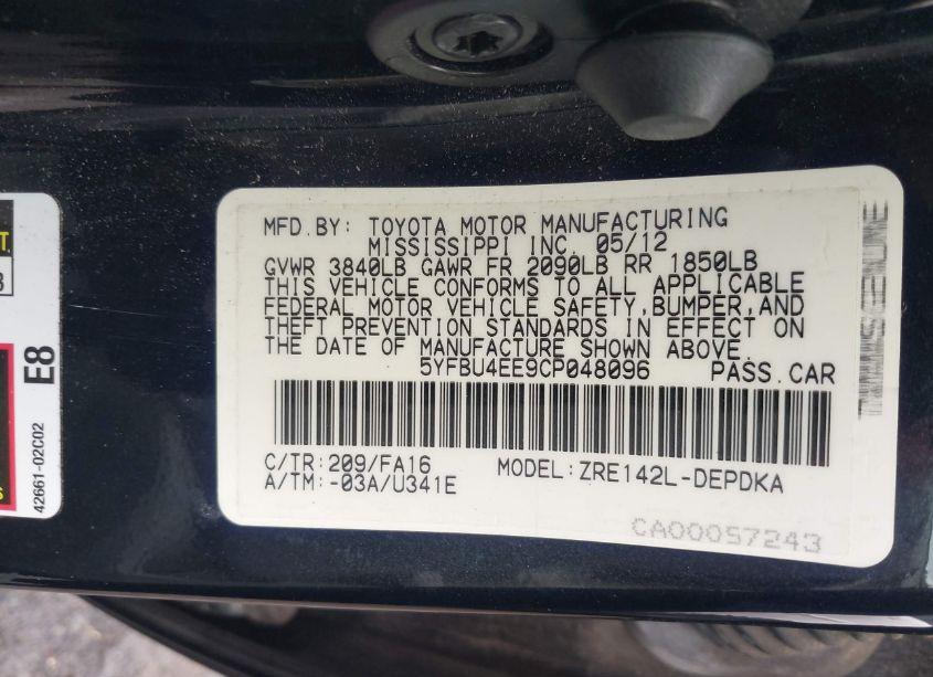 Photo 9 of 2012 Toyota Corolla L (VIN 5YFBU4EE9CP048096)