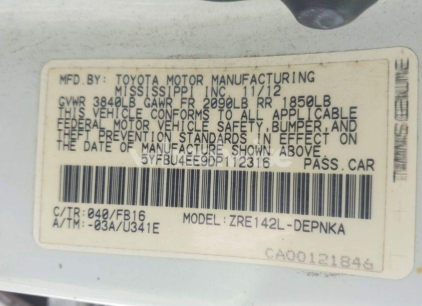 Photo 9 of 2013 Toyota Corolla LE (VIN 5YFBU4EE9DP112316)