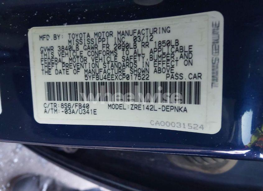 Photo 9 of 2012 Toyota Corolla LE (VIN 5YFBU4EEXCP017522)