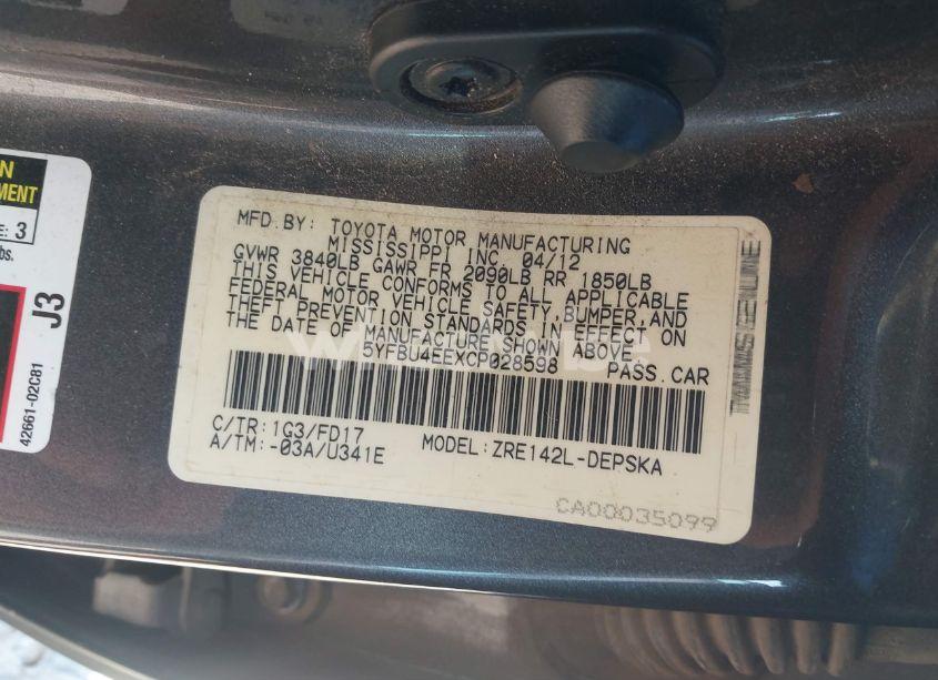 Photo 9 of 2012 Toyota Corolla S (VIN 5YFBU4EEXCP028598)