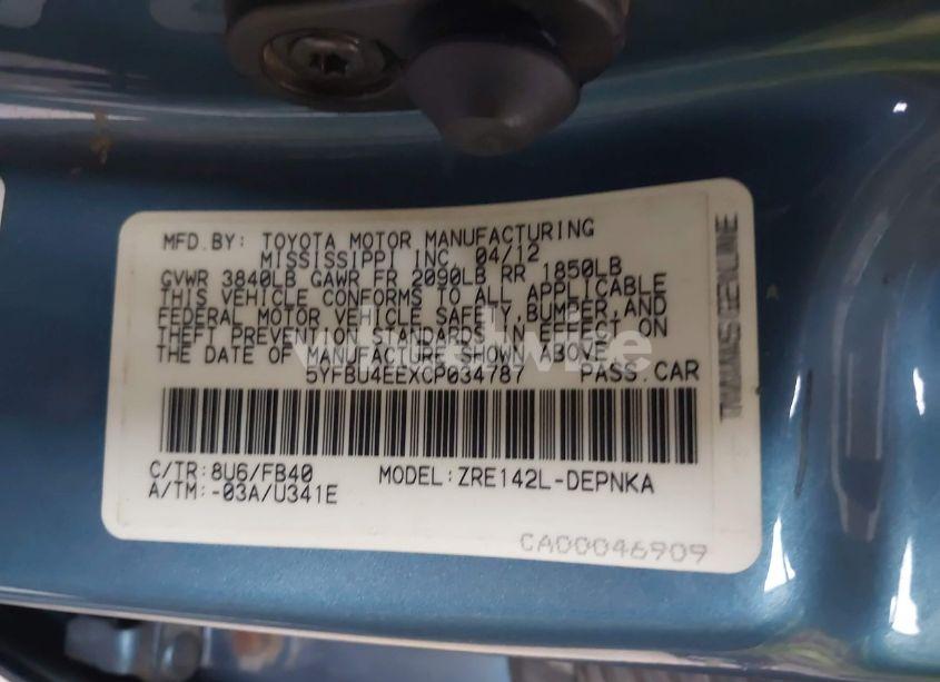 Photo 9 of 2012 Toyota Corolla LE (VIN 5YFBU4EEXCP034787)