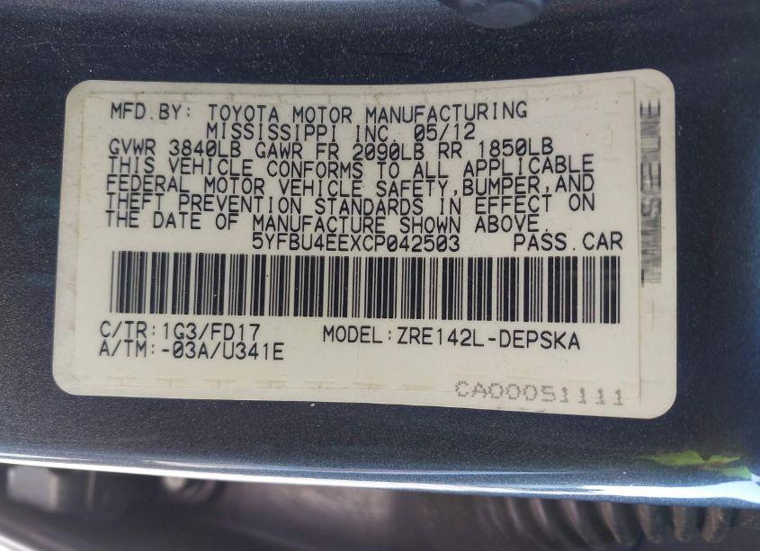 Photo 9 of 2012 Toyota Corolla S (VIN 5YFBU4EEXCP042503)