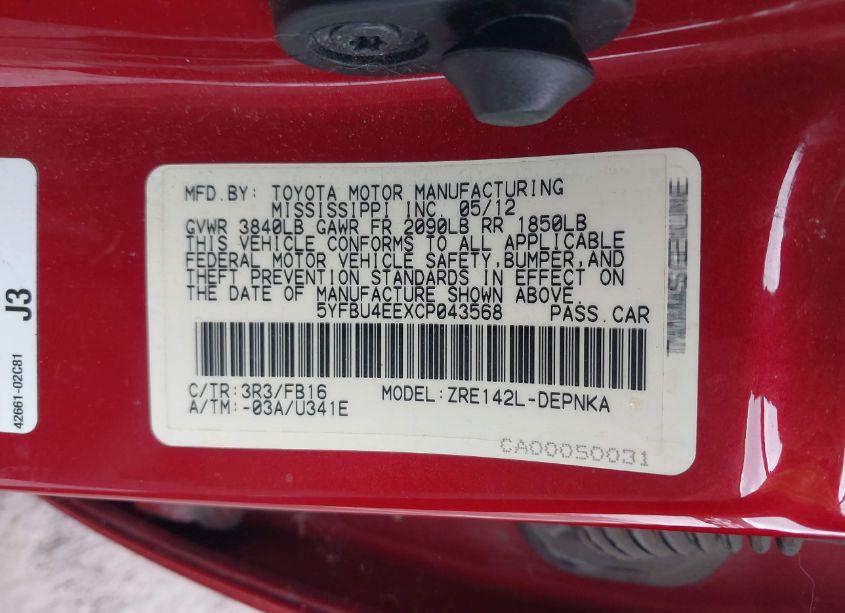 Photo 9 of 2012 Toyota Corolla LE (VIN 5YFBU4EEXCP043568)