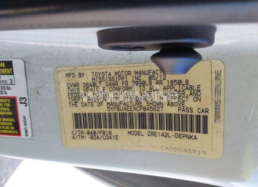 Photo 9 of 2012 Toyota Corolla LE (VIN 5YFBU4EEXCP045627)