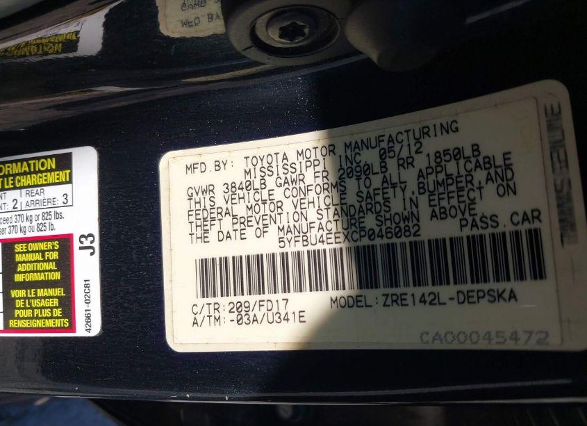 Photo 9 of 2012 Toyota Corolla S (VIN 5YFBU4EEXCP046082)