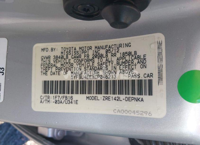 Photo 9 of 2012 Toyota Corolla LE (VIN 5YFBU4EEXCP046213)