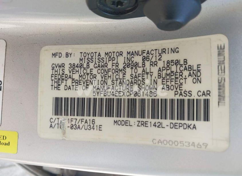 Photo 9 of 2012 Toyota Corolla L (VIN 5YFBU4EEXCP061486)