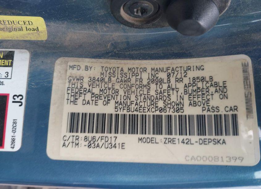 Photo 9 of 2012 Toyota Corolla S (VIN 5YFBU4EEXCP067305)