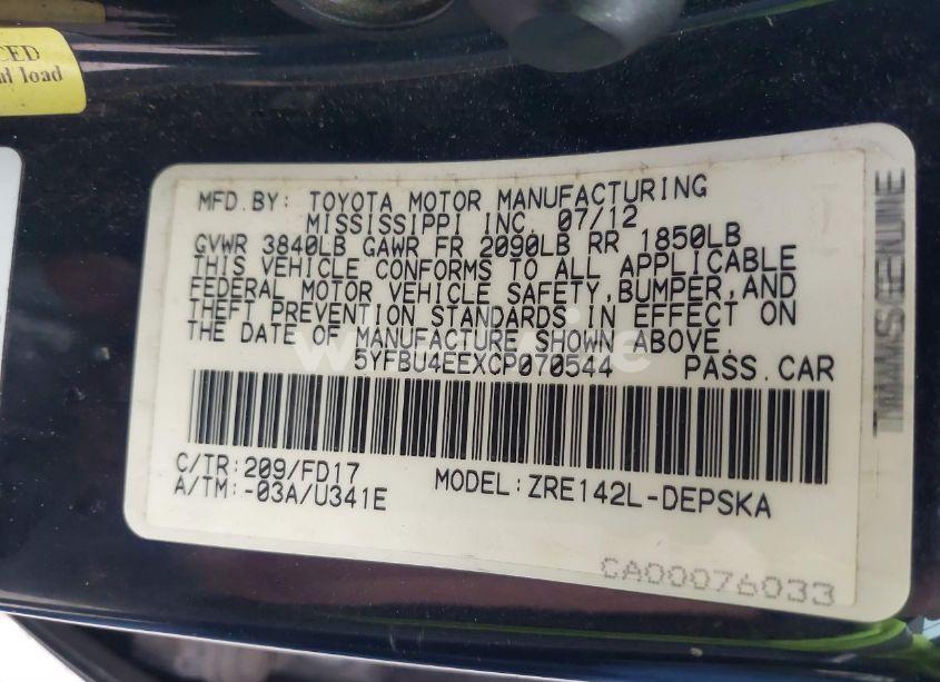 Photo 9 of 2012 Toyota Corolla S (VIN 5YFBU4EEXCP070544)