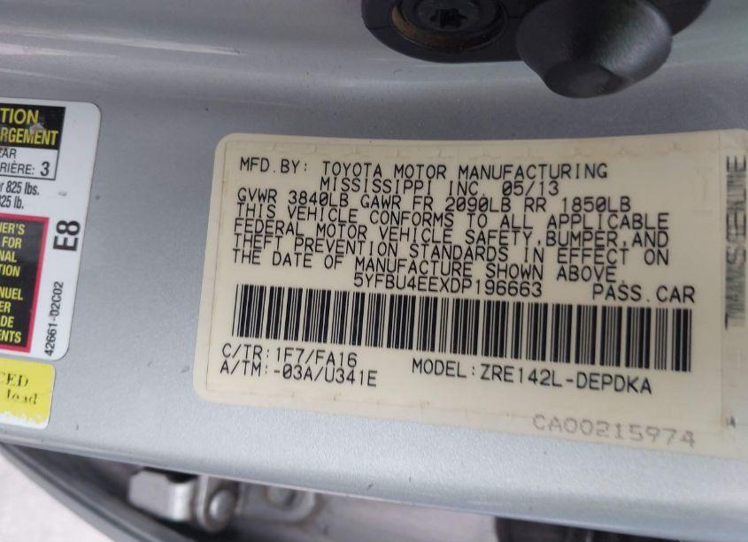 Photo 9 of 2013 Toyota Corolla L (VIN 5YFBU4EEXDP196663)