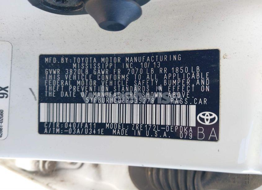 Photo 9 of 2014 Toyota Corolla L (VIN 5YFBURHE0EP035278)