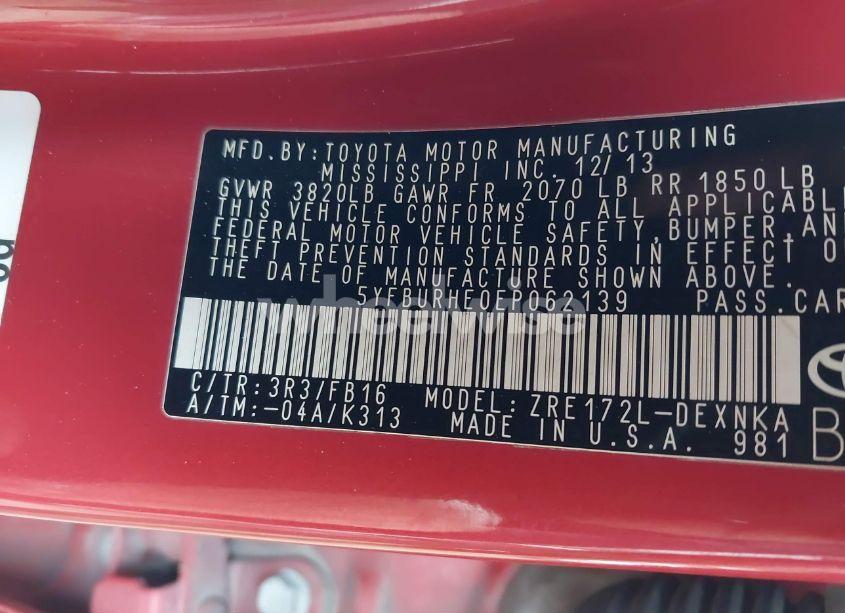 Photo 9 of 2014 Toyota Corolla LE (VIN 5YFBURHE0EP062139)