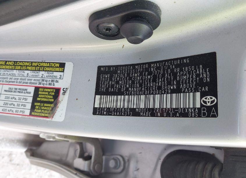 Photo 9 of 2014 Toyota Corolla LE (VIN 5YFBURHE0EP080429)