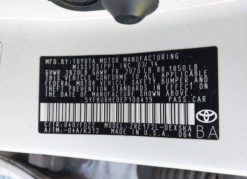 Photo 9 of 2014 Toyota Corolla S/S PLUS/S PREMIUM (VIN 5YFBURHE0EP100419)