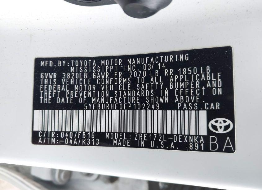 Photo 9 of 2014 Toyota Corolla LE PLUS (VIN 5YFBURHE0EP102249)