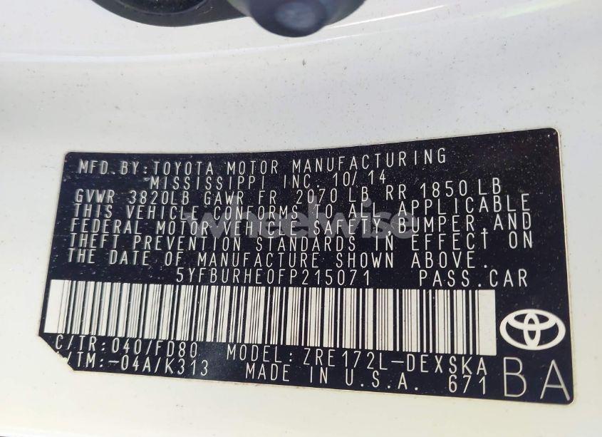 Photo 9 of 2015 Toyota Corolla L/LE/LE PLS/PRM/S/S PLS (VIN 5YFBURHE0FP215071)