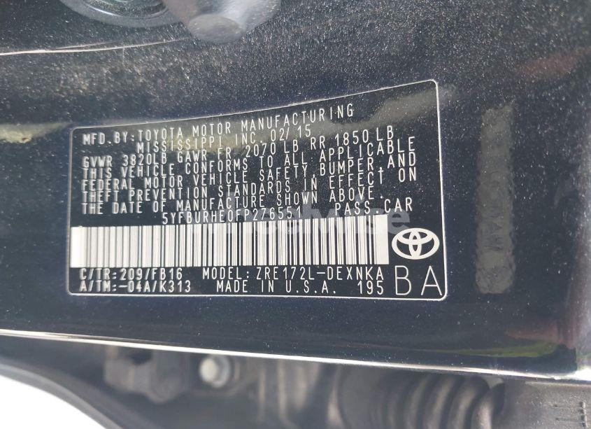 Photo 9 of 2015 Toyota Corolla L/LE/LE PLUS/LE PREMIUM/S/S PLUS/S PREMIUM (VIN 5YFBURHE0FP276551)